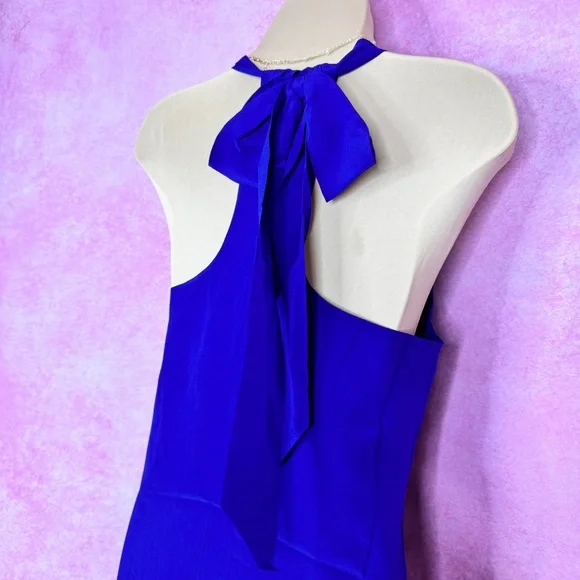 220. Anthropologie VA ET VIEN Silk Royal Blue Ruffle Halter Dress Size 4 - Picture 6 of 8